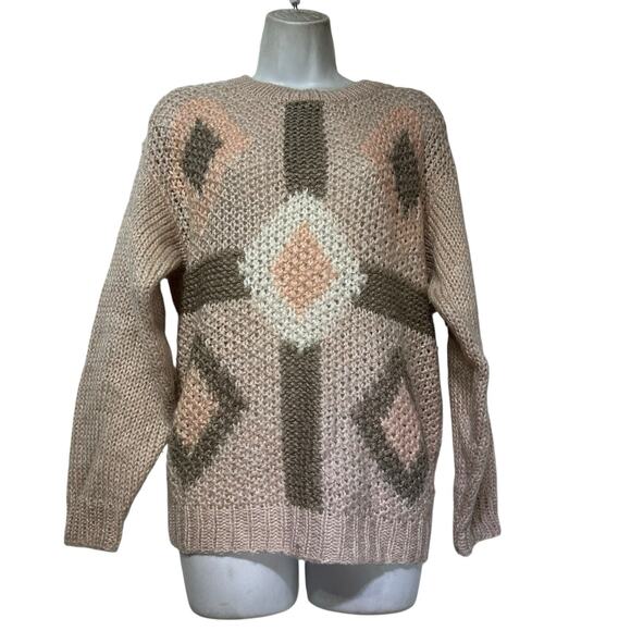 SML Sport Hand Knit Sweater M Pink Beige Brown Geometric Boho Chunky Pullover - Picture 4 of 4